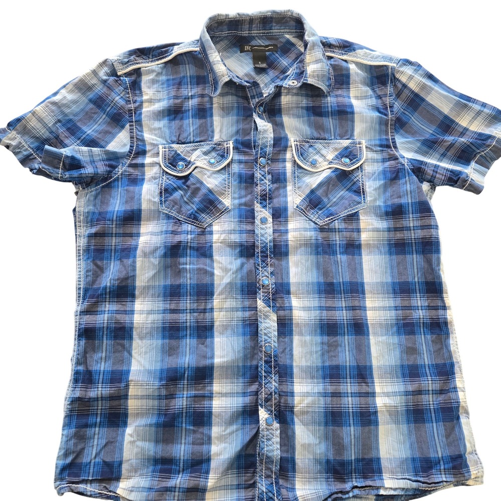 INC Plaid Pearl Snap Shirt Small Mens Blue Short Sleeve Western Contrast Stitch